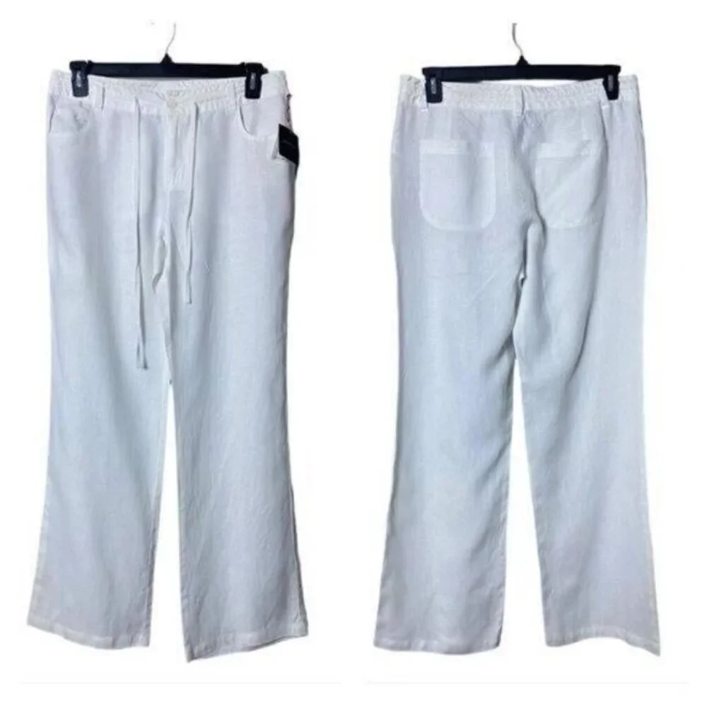 Cynthia Rowley Women’s Linen Pants Wide Leg 10 White Beachy Coastal Lagenlook
